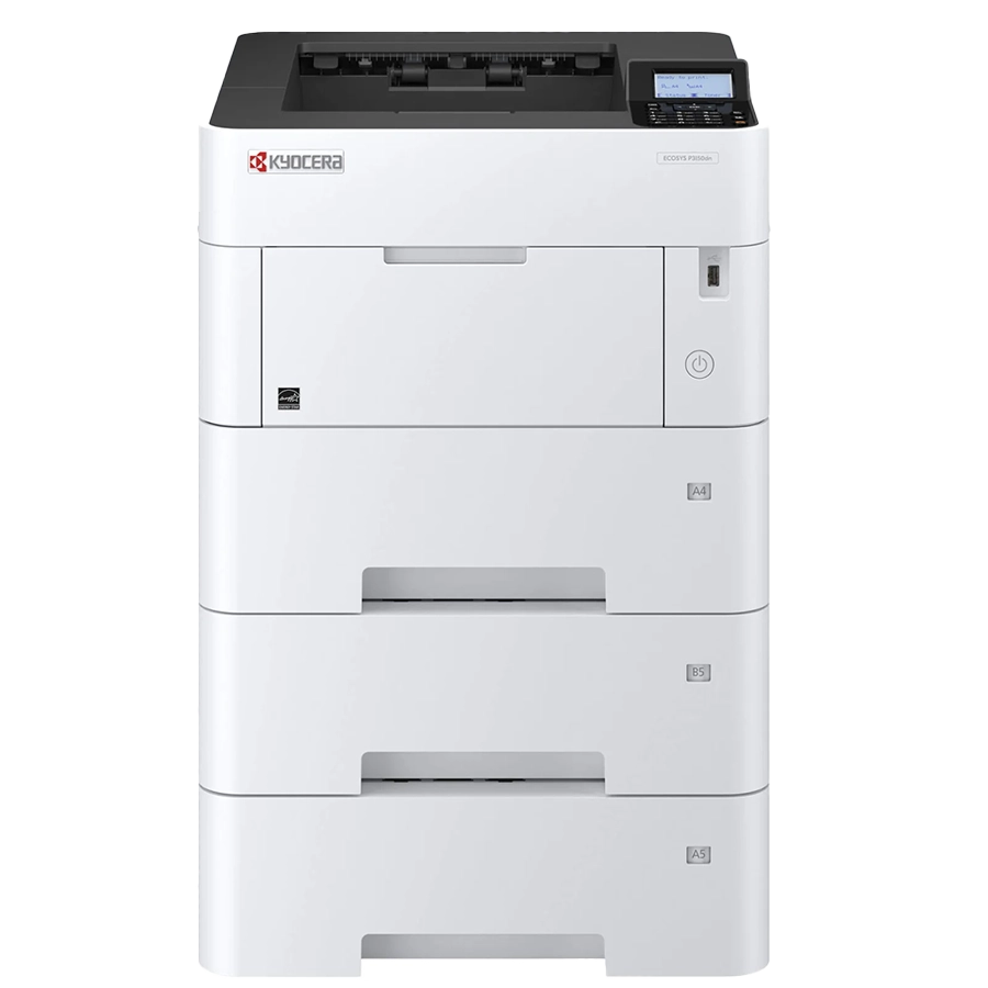 A large, multi-tray Top-rated Kyocera ECOSYS printer, model MA4500ix, is shown from a front-facing angle against a light gray background. The printer is a tall, white unit with a black scanner on top and multiple paper trays.